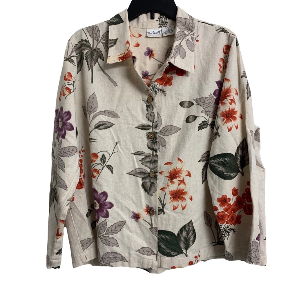 Two Twenty Floral‎ Gauze Cotton Linen Button Down Shirt XL Cream Botanical Print